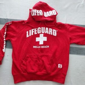 Lifeguard Red Hoodie Sweatshirt Wells Beach Maine Hooded Pullover Womens S